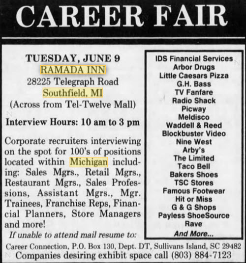 Ramada Inn - Southfield - Old Career Fair Ad From June 1992 (newer photo)
